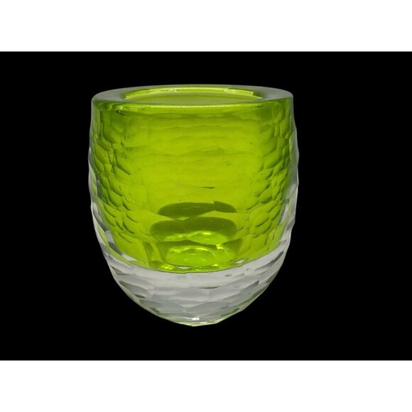 Faceted Green and Clear Art Glass Votive Holder Heavy Quality Glass Collectible - Picture 2 of 15